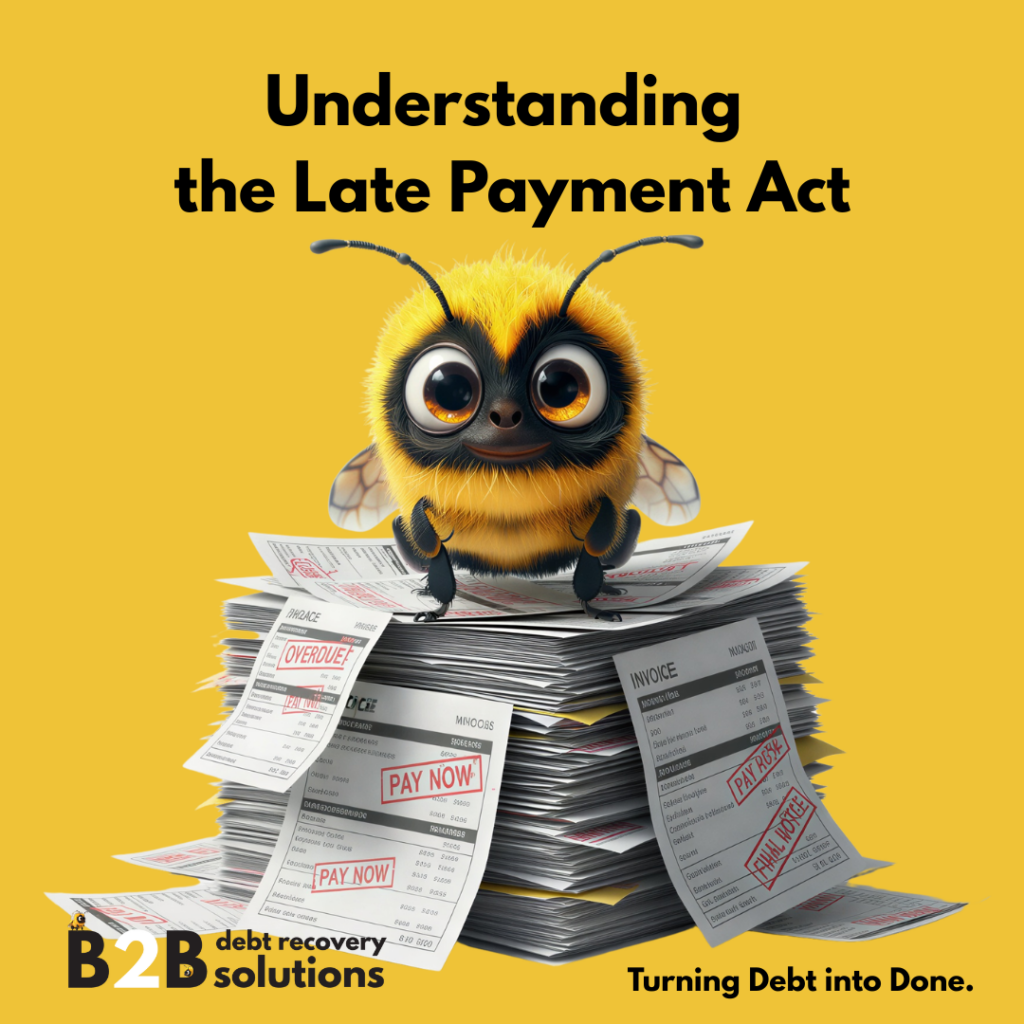 Text reads "Understanding the Late Payment Act." Image shows a bee sat on top of unpaid invoices. B2B Debt Recovery Solutions slogan reads "turning debt to done." and is located at the bottom of the imagery.