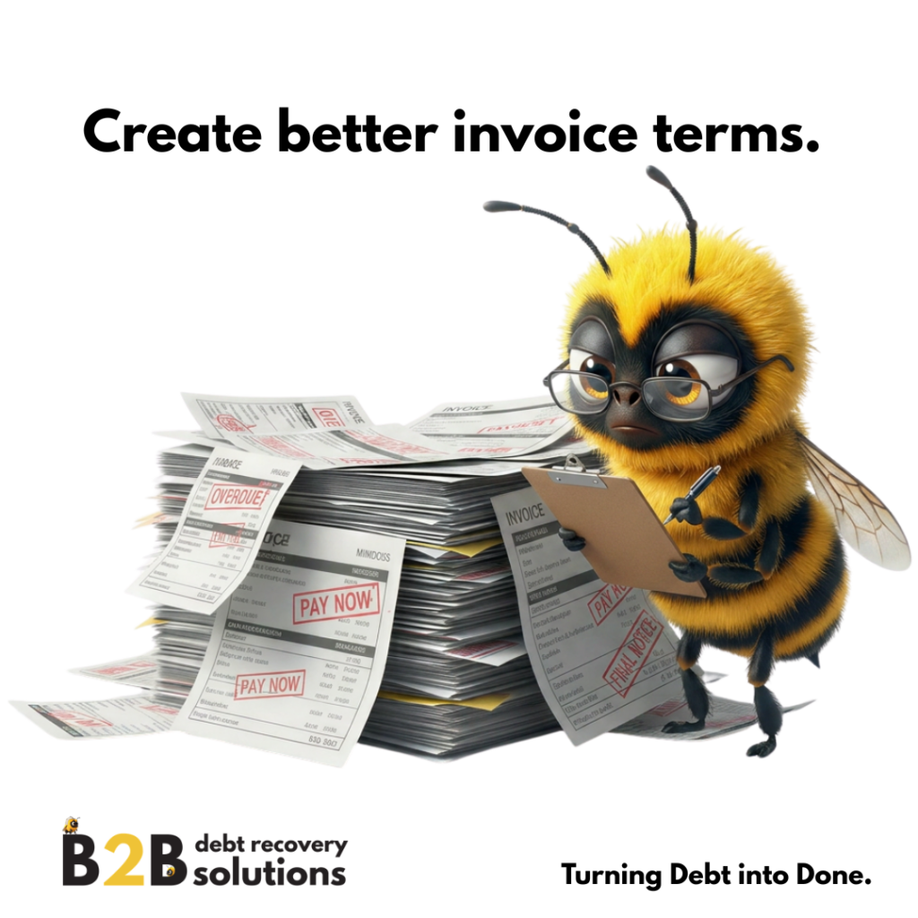 Image shows a bee looking over a pile of invoices. The text reads "create better invoice terms" B2B Debt Recovery Solutions logo turning debt into done" is present at the bottom of the imagery