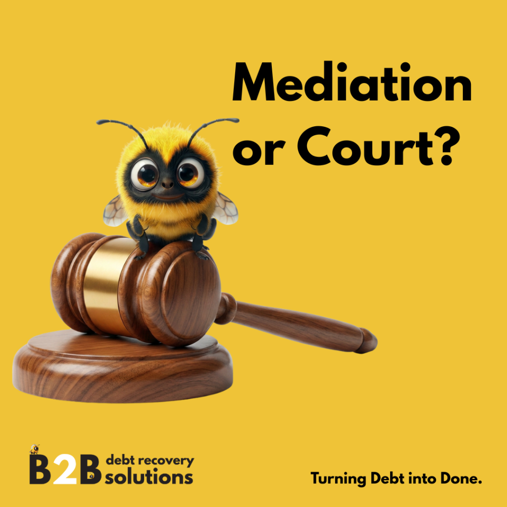 Text reads "mediation or court". Image shows a bumble bee sat on a judges gavel. B2B Debt Recovery Solutions Ashford Keent logo is present