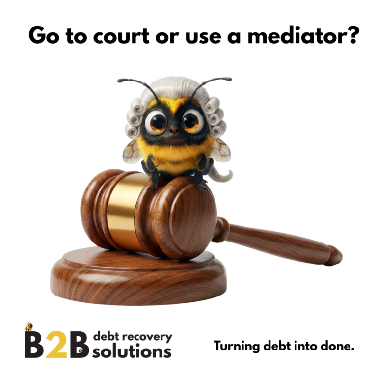 Text reads "Go to court of use a mediator". Image shows a bumblebee in a judge wig sat on a gravel. Logo shows B2B Debt Recovery - Turning Debt Into Done.