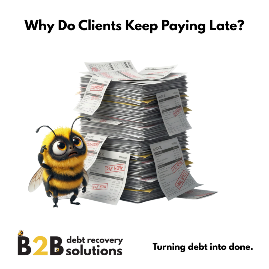 Image shows a honey bee looking at a stack of invoices with the text stamped over them "pay now" B2B Debt recovery Ashford Kent logo is present at the bottom. Including their phases - turning Debt to Done. Learn what causes late payments in this guide to prevention.